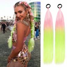 2pcs/Pack 24inch Ponytail Extension With Hair Tie, Pink Yellow Ponytail Extension, Crazy Hair Day, Colored Hair Extensions For Women, Festival Hair, Rave Hair, Ombre Ponytail - Pink Ombre - View 10
