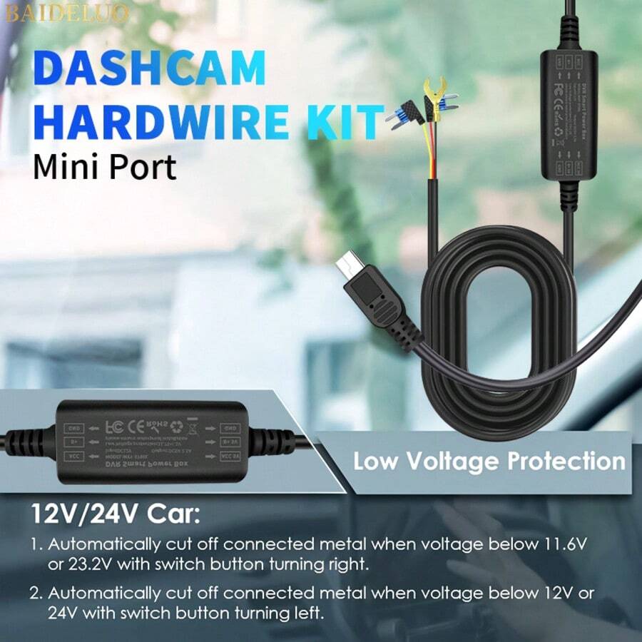 行车记录仪硬线套件，汽车行车记录仪线 3m DVR 硬线电缆套件视频记录器 12 24V 至 5V Type-C/Mini USB 充电器线汽车行车记录仪摄像头，24 小时停车监控电缆 - 黑色 - 查看 1