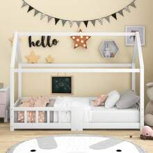 Children's House Bed With Chimney Fall Protection Sturdy Lattice, Pine Wood House Bed For Children 90 X 200 Cm Without Mattress White - 白色+實木+90cm*200cm - 查看 10
