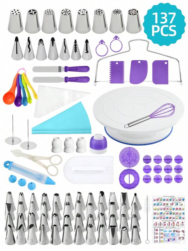 137 piezas Juego de herramientas para decorar pasteles, Juego de boquillas de tuberías, Boquillas de tuberías de acero inoxidable, Juego de herramientas para decorar pasteles, Juego de herramientas para hornear, Incluye plato giratorio para pasteles, bolsa de repostería, bolsas de papel, boquillas de papel, clavos de papel, tijeras de papel