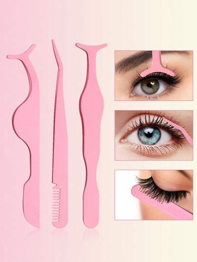 3pcs Pink Eyelash Curler Set With Comb, Easy-To-Use False Lash Tweezers For Precise Application, Secure Grip, Essential Beauty Tool, Multifunctional Lash Applicator Tool Tweezers For False Lashes Makeup (Pink/Black Set) . Christmas, Winter, Pink,