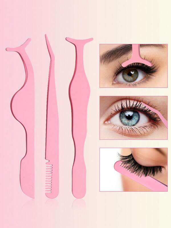3pcs Pink Eyelash Curler Set With Comb, Easy-To-Use False Lash Tweezers For Precise Application, Secure Grip, Essential Beauty Tool, Multifunctional Lash Applicator Tool Tweezers For False Lashes Makeup (Pink/Black Set) . Christmas, Winter, Pink,