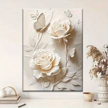 1 pièce Œuvre d'art sur canevas élégante avec rose blanche et papillon en relief - Décoration murale florale moderne pour le salon, la chambre à coucher, le bureau - Peinture abstraite de fleurs sans cadre avec des accents crème - Cadeau parfait pour Halloween, Thanksgiving, Noël