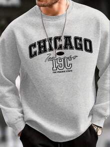 Sudadera de cuello redondo con gráfico de letras estilo retro americano para hombres, estampado de la letra Chicago, ropa casual de calle, otoño/invierno, parte superior de manga larga - Burdeos - Ver 3