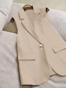 Women's Casual Elegant Commute Versatile All-Match Simple Solid Color Lapel Fake Pocket Thin Vest - Apricot - View 3