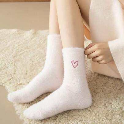 5켤레 가을/겨울 두꺼운 인조 캐시미어 푹신한 하트 수면 양말, 따뜻한 플로어 양말, 단색, 부드럽고 편안함