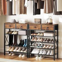 YATINEY 5 Tier Shoe Rack, Large Capacity Shoe Storage Organizer, Metal Shoe Shelf With Drawer And Wooden Top, 16 Pairs Of Shoes, Entryway, Closet, Rustic Brown And Black SS25BRY1N1