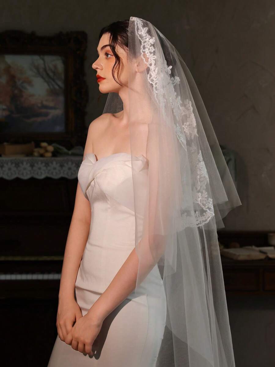 1件优雅法式复古蕾丝面纱,白色双层新娘发梳,婚纱配饰 - 白色 - 查看 1