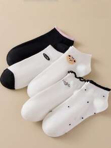 5/10 Pairs Women Cartoon Animal Footie Socks, Low Cut No Show Socks, Durable & Comfortable, Black & White, Suitable For Students & Street Fashion