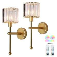 SuperYoPinny Battery Operated Crystal Wall Sconces Set Of 2, Black Wireless Wall Sconce With USB Rechargeable LED Light Bulbs 12 Colors Dimmable Crystal Wall Lamp With Remote For Bedroom Living Room Bulbs Included - Vàng - Xem 9