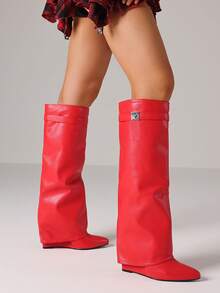 Fashion Women Knee High Boots Metal Pointed Toe Chunky Heels Fold Over Luxury Punk Goth Design Cool Women Fold Over Shoes - 紅色 - 查看 2