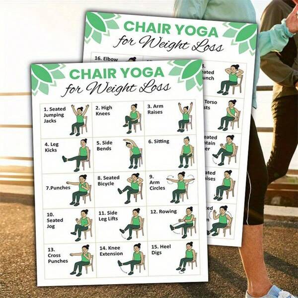 2 carteles guía de yoga en el hogar imprimibles - Posturas de yoga en silla y plan de ejercicios del desafío de yoga en silla de 30 días, adecuado para personas mayores y principiantes, fácil de aprender, ideal para el gimnasio en casa, relajación corporal, pérdida de peso, practicantes de yoga en silla, guía de ejercicios ilustrada
