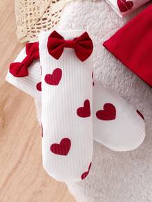 4件套女婴优雅套装：撞色蝴蝶结饰边连体衣连衣裙、发带和蝴蝶结装饰袜