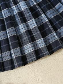 时尚宽松休闲翻领上衣 + 条纹格纹百搭A字裙，学院风 - 藏蓝色 - 查看 5