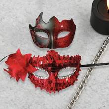 Men Women Masquerade Facewear, Exquisite Glitter Feather Half Face Facewear Halloween Cosplay Headwear - 紅色 - 查看 7