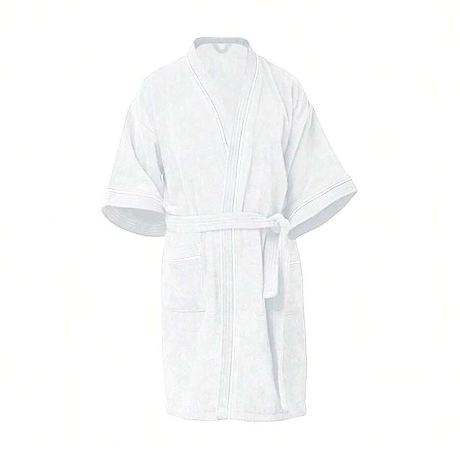100% Cotton Bathrobe, Absorbent, Extra Soft With Side Pockets And Belt - Unisex And One Size - White - View 1