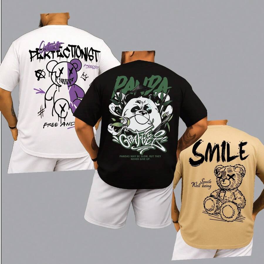 Set 3 Kit Men's T-Shirt Premium Cotton Children's Adult Plus Size Streetwear Perfectionist, Panda Graffiti, Bear Being - 彩色 - 查看 1