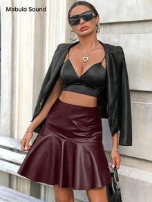 Mobula Sound Fashionable Casual Elegant Versatile Skirt For Spring/Summer, Suitable For Holiday, Date, Travel, Party, Airport, Made Of PU Leather, Flattering Silhouette - Burgundy - View 6
