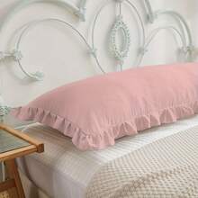 1pc Solid Color Ruffle Edge Body Pillow Cover (Pillow Insert Not Included), 20in*54in Headboard Pillow Protector Sleeve, Skin-Friendly Warm Breathable Pocket Pillow Case, Suitable For All Seasons, Machine Washable, Home/Bedroom Use - Pink - View 4