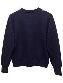 Jersey de cuello redondo de punto con estampado de rombos para mujer, estilo vintage preppy, parte superior holgada para uso diario y casual en otoño/invierno - Verde - Ver 2