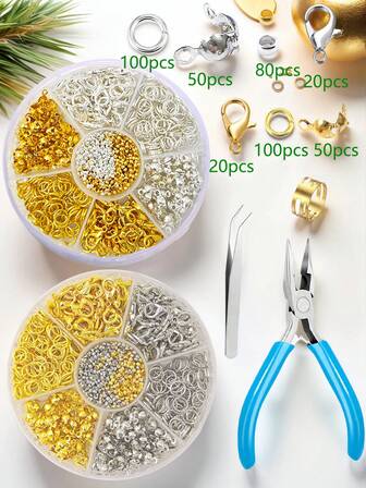 420pcs/Box Gold & Silver Tone Jumpring, Lobster Clasp, Crimp Beads, Findings, Optional 1pc Plier, 1pc Tweezer, DIY Jewelry Making Supplies
