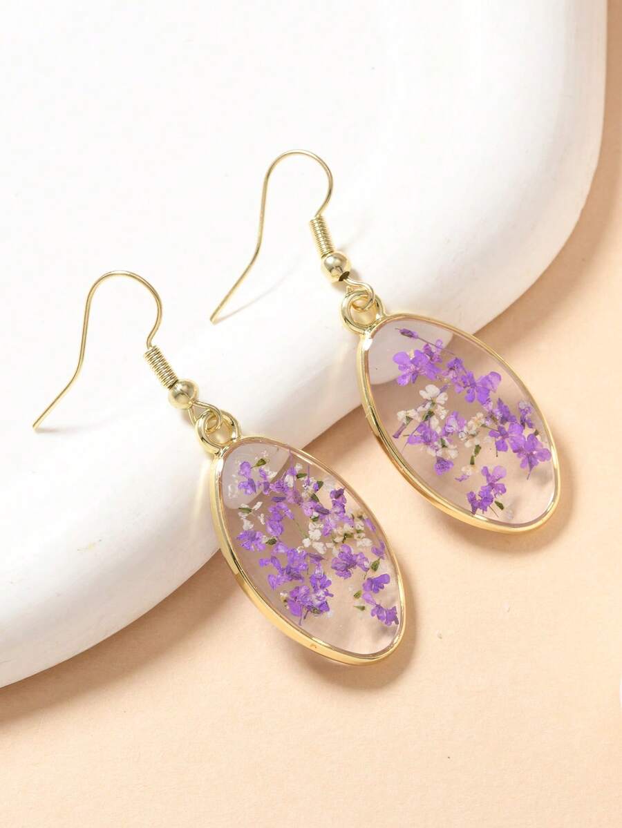 1 Pair Boho Style Dried Flower, Asymmetrical Shaped, Multicolor Beads Decor Minimalist Earrings For Women, Suitable For Daily Wear - Purple - View 1