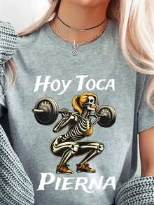 [Lunar Apex]Women's Casual Fitness Graphic-Shirt - Hoy Toca Pierna Skeleton Weightlifting Design, Black Short Sleeve Tee Spring/Summer, Comfortable And Stylish Activewear, Gym Shirts, Summer Fashion Top, Playful Design Top, Durable Print Shirt - 黑色 - 查看 7