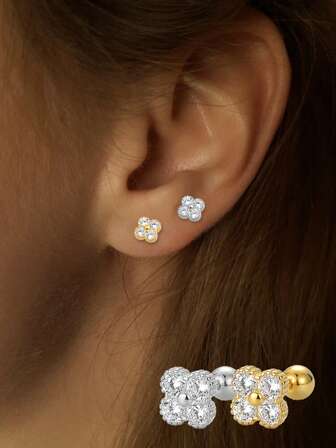 1PC S925 Sterling Silver Earrings, Diamond Studded Four-Leaf Clover Earrings,Fashionable, Elegant, Simple And Shining Zirconia Earrings Suitable For Women's Anniversary Wear