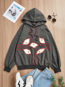 Sudadera con capucha y bolsillo con cordón estampado de ojo y letra - Gris - Ver 1