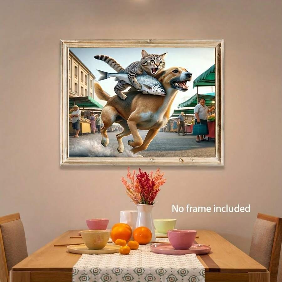 Art mural sur canevas style art déco moderne : Chat fantaisiste chevauchant un chien avec un poisson, peinture thème animal pour salon, bureau à domicile, chambre à coucher, restaurants - Décoration murale sans cadre 12 x 16 pouces