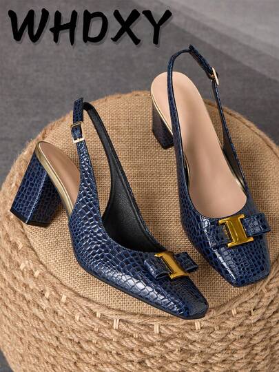 WHDXY 1 Pair Women's Square Toe Backless Preppy Style Buckle Decor Office High Heel Pumps, Sexy Runway 7CM Chunky Heel Dress Shoes For Work, Flight Attendant, Party