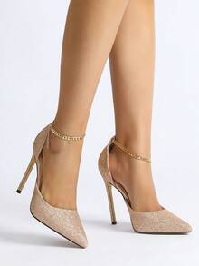 Giày cao gót mũi nhọn nữ mùa Xuân/Hè chất liệu bóng, đính dây xích, màu sâm panh, thiết kế mới năm 2025. - Rượu sâm banh - Xem 4