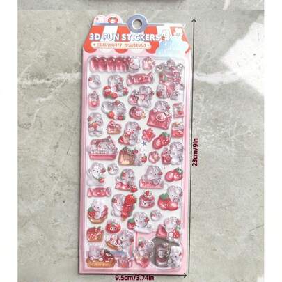 4张可爱粉色兔子毛绒贴纸套装，卡通兔子和草莓主题贴纸，趣味泡泡贴纸，可用于装饰笔记本电脑、相机等。