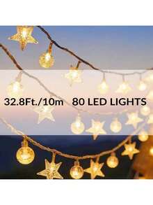 1PC 10/20/40/80 LED 1.5/3/6/10 米星形灯泡灯串，温馨氛围灯串，窗台装饰灯，房间装饰灯，小夜灯装饰灯串，星光灯串，月光灯串，节日小夜灯氛围灯，童话灯惊喜礼物房间灯串，节日灯串 - 星星&氣泡球燈串 - 查看 15