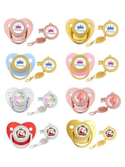 1 Set Chupete personalizado y clip para chupete, chupete de silicona con corona de lujo con rhinestones, clip para chupete con estampado dorado para recién nacido, regalo de Halloween y Navidad