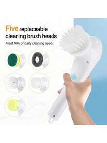 Multifunctional Electric Rotating Washer, Five Interchangeable Brush Heads, Rechargeable Electric Cleaning Brush Set - Multifunctional Handheld Brush, USB Charging, Medium Hardness, Suitable For Bathrooms, Kitchens, Bedrooms, Living Rooms, Toilets - Household Cleaning Tool Set With Handle - Xanh và trắng - Xem 6