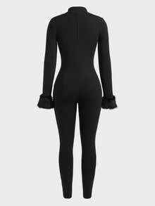 Warm, Fashionable, Casual, Sexy & Charming Solid Color Zipper Women's Jumpsuit, Suitable For Skiing, Dating, Travel, Vacation, Sports, Autumn/Winter - Black - View 7