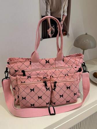 时尚简约大容量多口袋单肩托特包，适合上学、上班、旅行，可斜挎