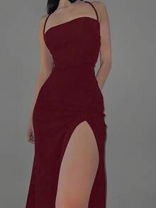 Vestido de mujer, unicolor, tirantes finos, espalda descubierta grande, pliegues en las caderas, aberturas grandes en las caderas, que cubre las caderas, sexy, sin mangas, vestido largo para fiesta, adecuado para usar debajo de un abrigo en otoño, parte superior