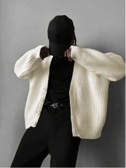 Men's Casual Loose Ribbed Button-Up Long Sleeve Knit Cardigan, Versatile For Commuting, Autumn/Winter