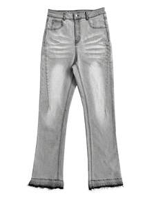Lightweight Business Casual Washed Distressed Hem & Cuff Men's Jeans, Versatile Slim Straight Leg Casual Pants, Button Zipper Closure, Suitable For All Seasons - Grey - View 2