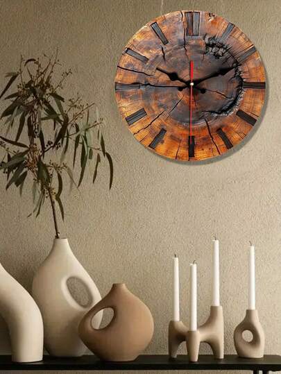 2D Flat, Rustic Wooden Klok Tree Ring Round Wood Wand Art, Classic English Numerals, Ideal Home view 2
