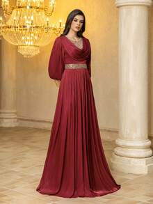 UNITHORSE 女士圆领灯笼袖仿霓虹灯管亮片装饰修身长款晚礼服、伴娘礼服、派对礼服、婚纱、毕业礼服 春季 - 酒紅色 - 查看 6