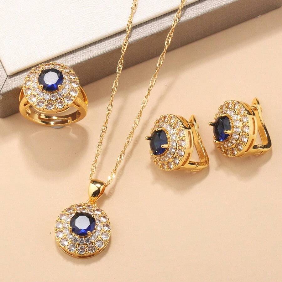 18K Gold Plated Luxury Vintage Fashion Jewelry Set, Including Round Earrings, Necklace, Adjustable Ring, Suitable For Wedding, Christmas, Thanksgiving, Halloween, Valentine's Day, Birthday Gift