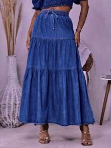 LONG WOMEN'S JEANS SKIRT 3 MARIAS WITH ELASTIC WAISTBAND - 淺藍色 - 查看 7