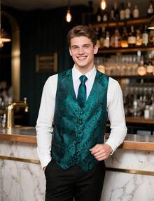 Formal Men Vest V-Neck Suit Vests Tie Bowtie Set Paisley Jacquard Waistcoat Clip Hanky Cufflink Lapel Pin Wedding 8PCShalloween - 墨綠色 - 查看 8