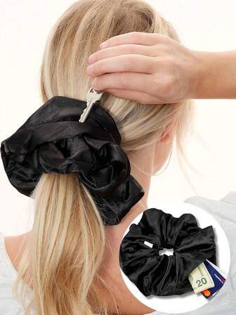 1Pc Security Scrunchie With Hidden Pocket, Satin Hair Tie With Secret Zipper For Money & Keys. Hands Free Travel & Running Hair Accessories, Emergency Cash Holder, Gift For Her ,Hair Rope Ponytail Head Accessories