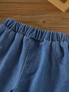 2 件套男童秋季运动衫套装，可爱熊图案圆领长袖上衣和蓝色牛仔长裤 - 白色 - 查看 6