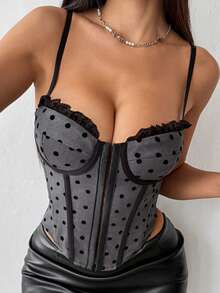 时尚加垫紧身胸衣短款上衣，波尔卡圆点蕾丝花边，可调节肩带，合身紧身胸衣式吊带背心 - 灰色 - 查看 4