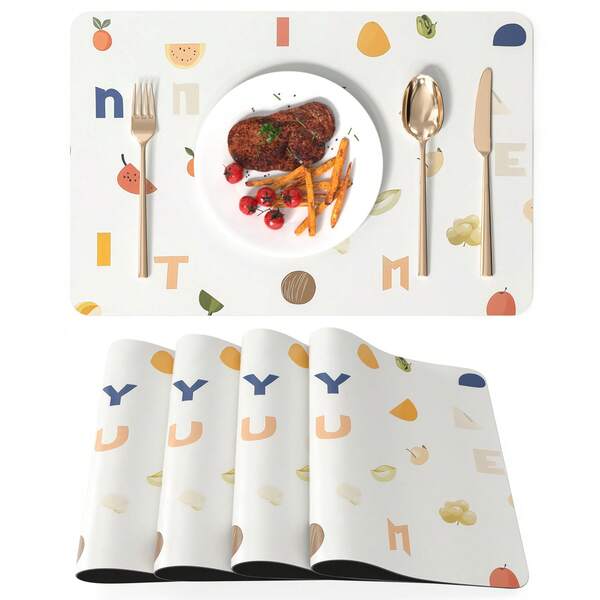 Premium Tischsets aus Leder, hitzebeständig, wasserdicht und leicht zu reinigen, rutschfeste Tischsets für Esszimmer, Küche oder Urlaubsdekoration, 45 x 30 cm, fruchtiges Alphabet